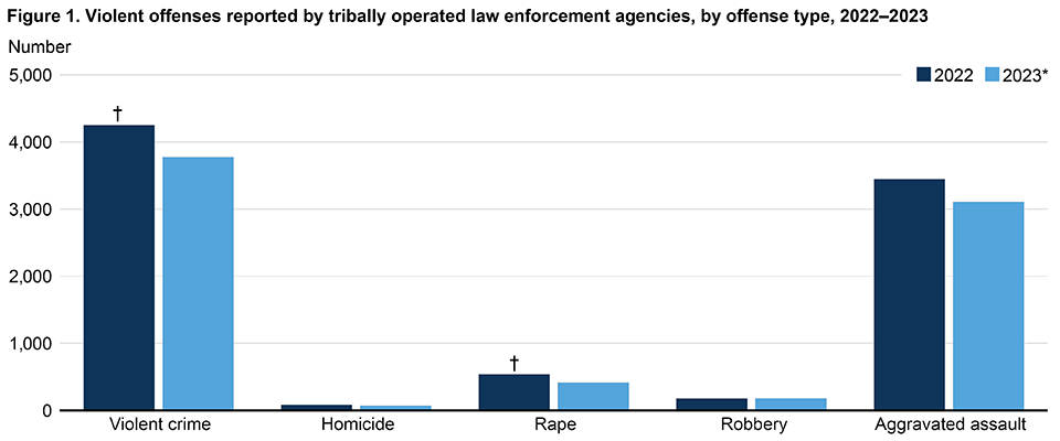 Figure 1. Violent offenses reported by tribally operated law enforcement agencies, by offense type, 2022–2023