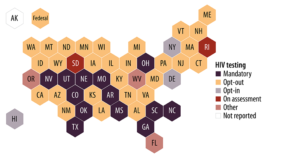 Map showing the jurisdictions which conducted opt-out HIV testing during intake.