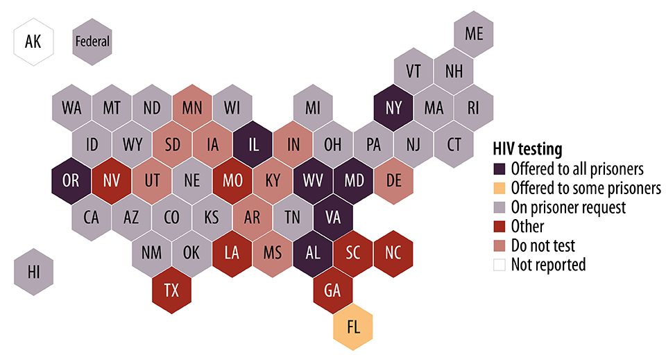 Map showing the jurisdictions tested for HIV at discharge only if the inmate requested a test.