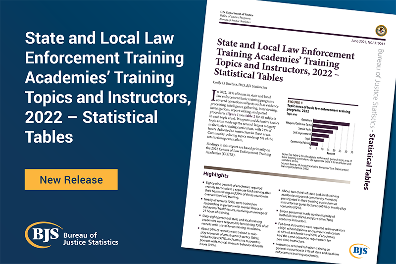 Pub card image of the report State and Local Law Enforcement Academies Training Topics and Instructors, 2022 - Statistical Tables