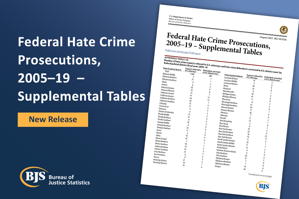 Image of cover page for Federal Hate Crime Prosecutions, 2005-19 - Supplemental Tables report