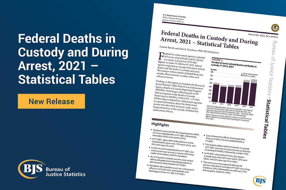 Cover image for the report, Federal Deaths in Custody and During Arrest, 2021 - Statistical Tables